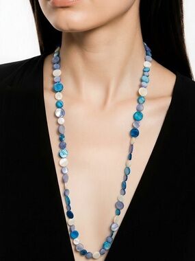 Blue & Cream Mother-of-Pearl Long Disc Necklace